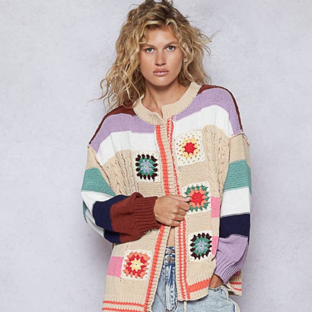 PSS1–Multicolor Crochet Patchwork Knit Cardigan S… - image 2